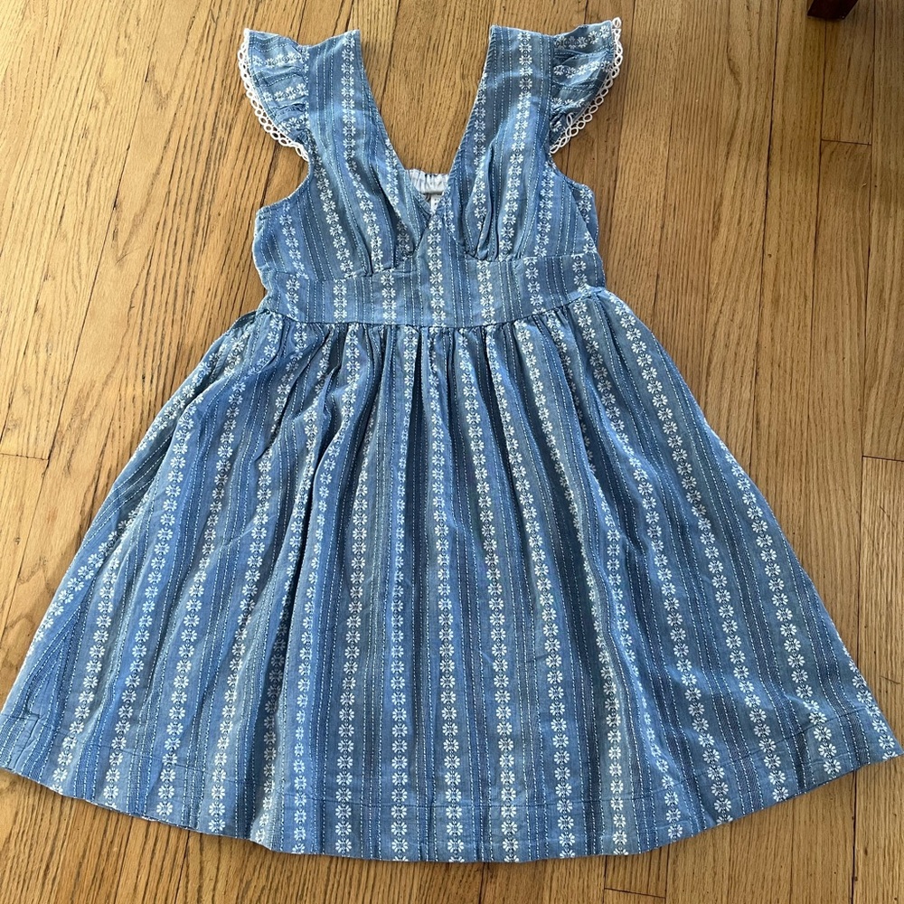 Blue and White Ruffled Sundress with Plunge Neckline